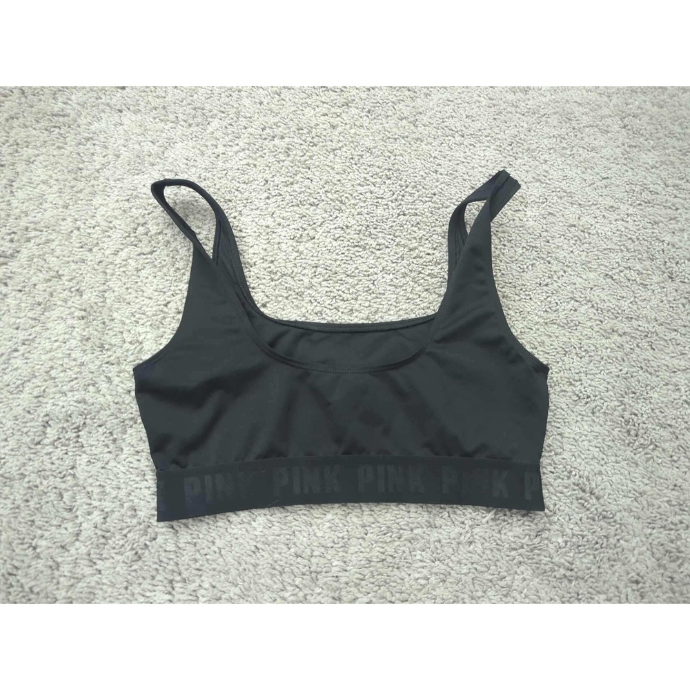 PINK Victoria's Secret Sports Bra Women Small Black Logo Band Scoop Neck